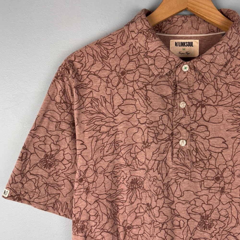 Linksoul Mens Medium Brown Floral Short Sleeve Stretch Classic Golf Polo Shirt